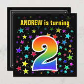 Farbige Sterne + Regenbogenmuster "2" Geburtstag # Einladung (Vorne/Hinten)