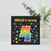 Farbige Sterne + Regenbogenmuster "4" Geburtstag # Einladung (Stehend Vorderseite)