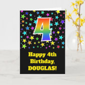 Farbige Sterne + Regenbogenmuster "4" Geburtstag # Karte (Gelbe Blume)