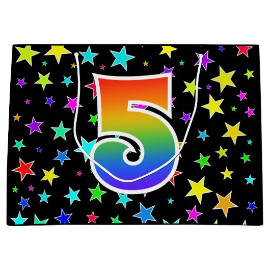 Farbige Sterne + Regenbogenmuster "5" Ereignis # Große Geschenktüte (Vorderseite)