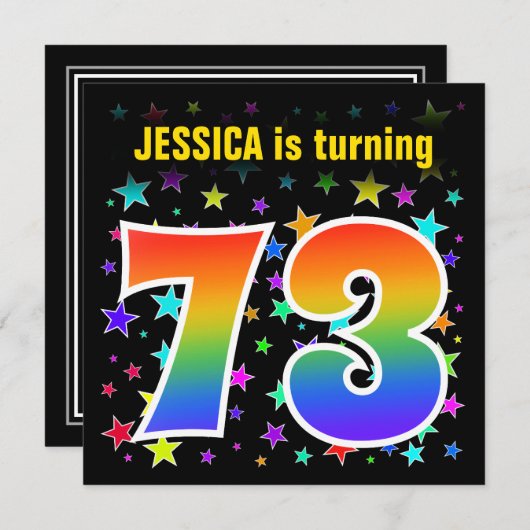Farbige Sterne + Regenbogenmuster "73" Geburtstag Einladung (Vorne/Hinten)
