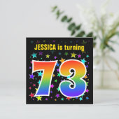 Farbige Sterne + Regenbogenmuster "73" Geburtstag Einladung (Stehend Vorderseite)