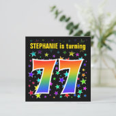 Farbige Sterne + Regenbogenmuster "77" Geburtstag Einladung (Stehend Vorderseite)