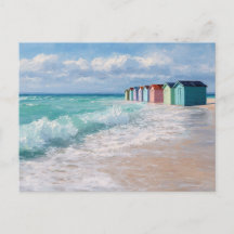 Farbige Strandhütten Küstenkunst Postkarte