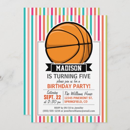 Farbige Streifen; Basketball Einladung (Vorne/Hinten)