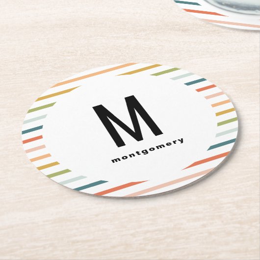 Farbige Streifen Mit Monogramm Cocktail Runder Pappuntersetzer (Angewinkelt)