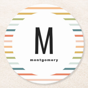 Farbige Streifen Mit Monogramm Cocktail Runder Pappuntersetzer