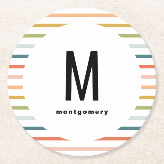 Farbige Streifen Mit Monogramm Cocktail Runder Pappuntersetzer (Vorderseite)