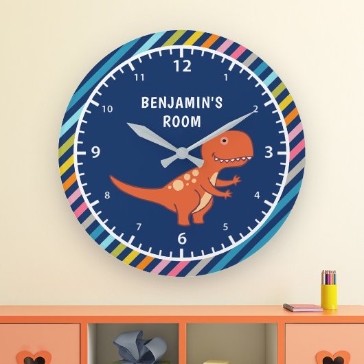 Farbige Streifen Niedlich Orange Dinosaur Kinderzi Große Wanduhr