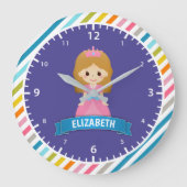 Farbige Streifen Niedliche Prinzessin Kinder Mädch Große Wanduhr (Vorderseite)
