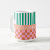 Farbige Streifen und Karos Grün rosa Orange Kaffeetasse (Vorderseite Links)
