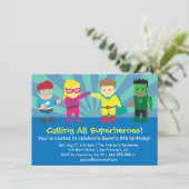 Farbige Superheldin Geburtstagsparty für Kinder Einladung (Stehend Vorderseite)