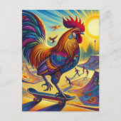 Farbige Surreal Skateboarding Rooster Postkarte (Vorderseite)