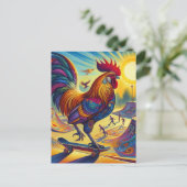 Farbige Surreal Skateboarding Rooster Postkarte (Stehend Vorderseite)