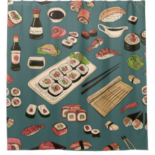 Farbige Sushi und Rollen nahtlose Muster, hervorra Duschvorhang