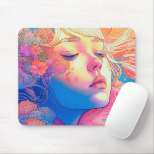 Farbige süße Mädchen von Blumen umgeben Kunstwerk  Mousepad