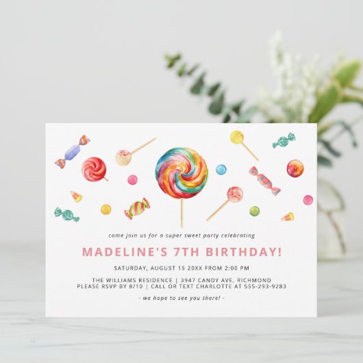Farbige Süßigkeiten | Rainbow Lollipop Birthday Pa Einladung (Stehend Vorderseite)