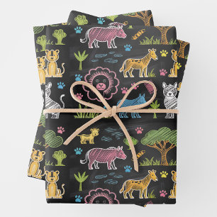 Farbige Tiere und Bäume sind angeordnet Geschenkpapier Set