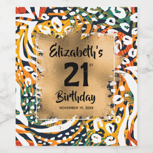 Farbige Tierwerbung 21. Geburtstag Personalisiert Weinetikett (Einzelnes Label)