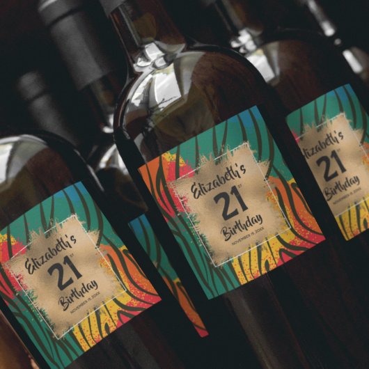 Farbige Tierwerbung 21. Geburtstag Personalisiert Weinetikett