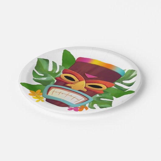 Farbige Tiki und Blume Pappteller (Schrägansicht)