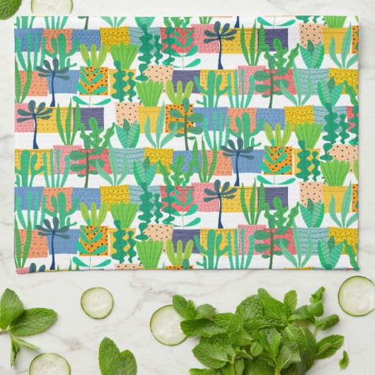 Farbige Töpfe und Kaktusmuster Geschirrtuch (Gefaltet)