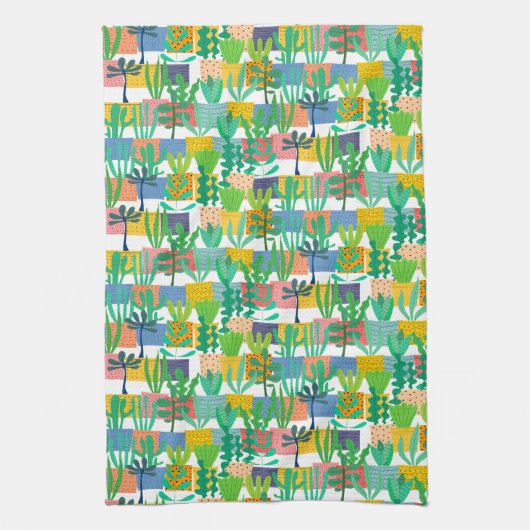 Farbige Töpfe und Kaktusmuster Geschirrtuch (Vertikal)