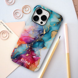 Farbige trendy Alkohol Tinte Textur Cyan Gold Case-Mate iPhone 14 Pro Max Hülle