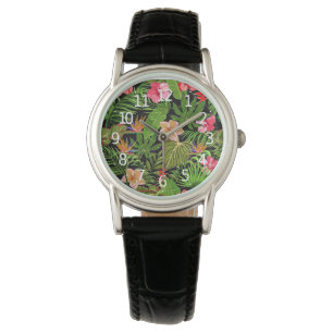 Farbige tropische Blätter und Hibiskusblüten Armbanduhr