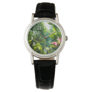 Farbige tropische Blätter und Hibiskusblüten Armbanduhr