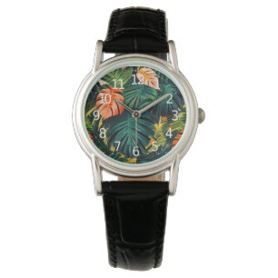 Farbige tropische Blätter und Hibiskusblüten Armbanduhr