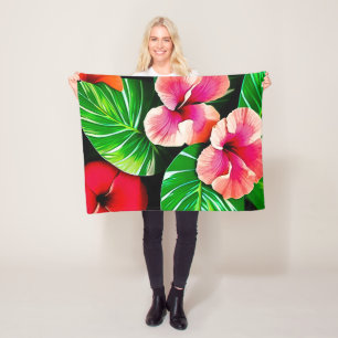 Farbige tropische Blätter und Hibiskusblüten   Fleecedecke