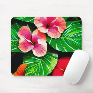Farbige tropische Blätter und Hibiskusblüten Mousepad