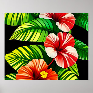 Farbige tropische Blätter und Hibiskusblüten Poster