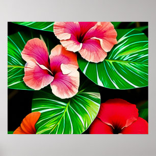 Farbige tropische Blätter und Hibiskusblüten   Poster