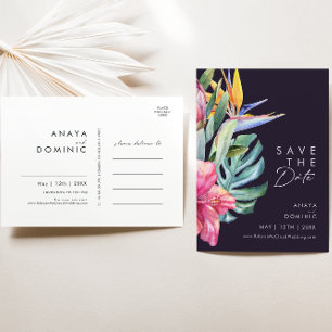 Farbige tropische Blumen   Lila Save The Date Einladungspostkarte