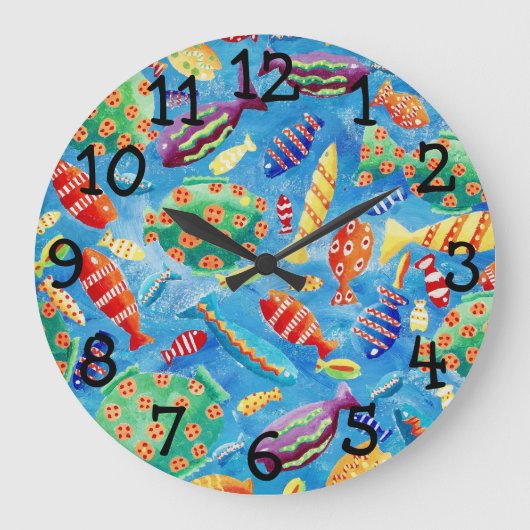 Farbige tropische Fische Aquarellbilder Große Wanduhr (Vorderseite)
