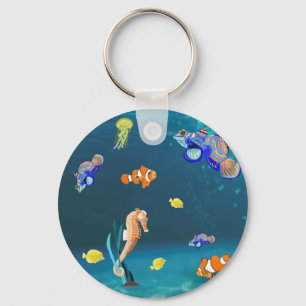 Farbige tropische Fische und Seepferdchen Schlüsselanhänger