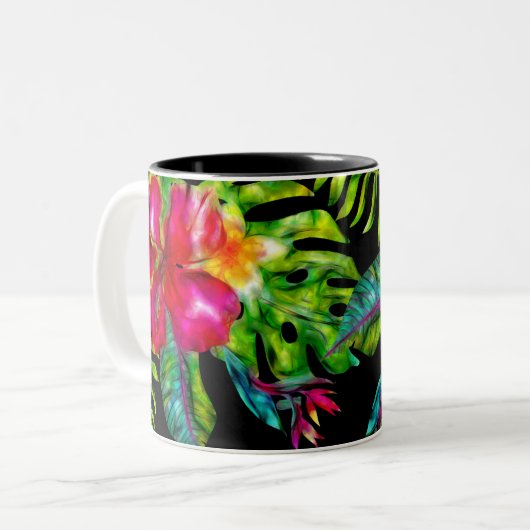 Farbige tropische Hibiskus-Blätter Zweifarbige Tasse (Vorderseite Links)