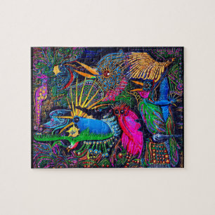 Farbige tropische Omen-Vögel Santa Fe Outsider Art Puzzle