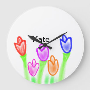 Farbige Tulpe Aquarell fügen Sie Namen Text modern Große Wanduhr