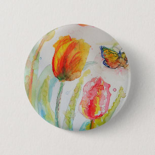 Farbige Tulpe und Schmetterling Wasserfarbe floral Button