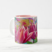 Farbige Tulpen auf lackiertem Hintergrund, individ Zweifarbige Tasse (Vorderseite Links)