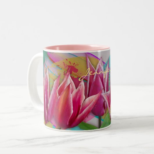 Farbige Tulpen auf lackiertem Hintergrund, individ Zweifarbige Tasse (Vorderseite Links)