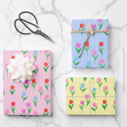 Farbige Tulpen Blumen Design Geschenkpapier Set (Vorderseite)