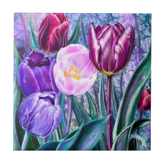 Farbige Tulpen Keramikfliese (Vorderseite)