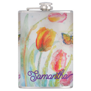 Farbige Tulpen-Schmetterling-Wasserfarbe Anpassbar Flachmann