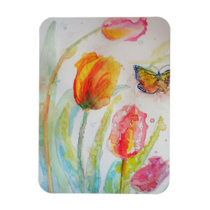 Farbige Tulpen- und Schmetterlings-Aquarell-Grüße Magnet