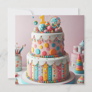 FARBIGE TUPFEN-TORTE ZUM 1. GEBURTSTAG EINLADUNG