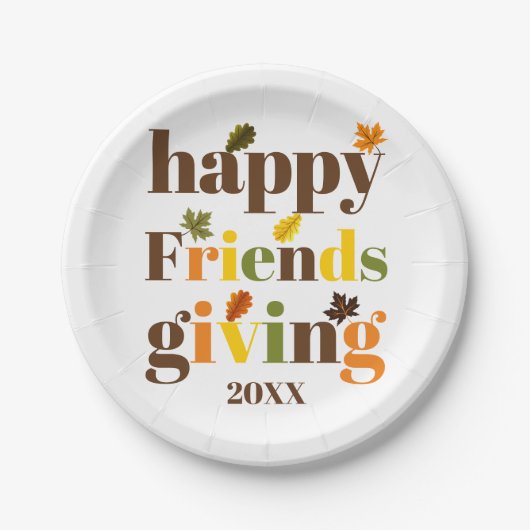 Farbige Typografie Happy Friendsgiving Fall Pappteller (Vorderseite)